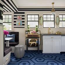 Kitchen and Breakfast Nook with Painted Floors and Striped Wallpaper
