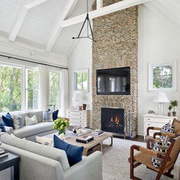 Family Room, Workstead Overhead Lighting, Circa Lighting Side Tables, Ralph Lauren Side Chairs, Lee Jofa White Armchairs, Alicia Adams Alpaca Throw - Coastal-Inspired Chicago Project