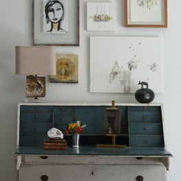 Serenbe Family Room with Antique French Desk & artwork collection