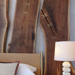 Cosmopolitan of Las Vegas - live edge walnut headboard, marble nightstand 