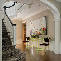 Historic Chestnut Hill Foyer with Animal Print Stair Runner and Acrylic Console