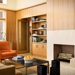 Modern Hamptons Beach Family Room, limestone fireplace, comfortable seating.