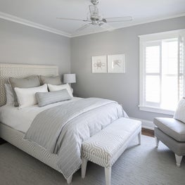 Gray and white custom bed in an Avalon, NJ beach house