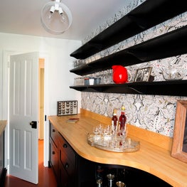 Connecticut Farmhouse, Black Open Shelving, Custom Wallpaper