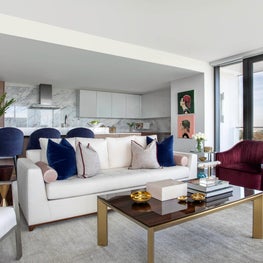 Portfolio: Blue and white high rise living room in Houston, Texas