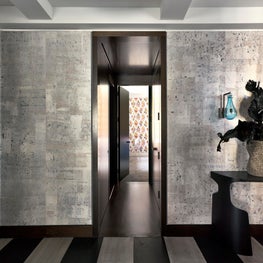 Carnegie Hill Apartment, Modern Gray Hallway Striped Flooring Textured Wallpaper