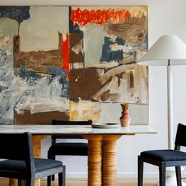 Mies : Abstract Art, Vintage Dining Table, Mid Century Floor Lamp, Black Dining Chairs, Rattan, Track Lighting