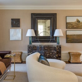 Brookline Living Room with Vladimir Kagan Sofa, Horn Chest and Flemish Mirror