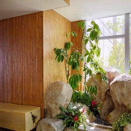 Entry bench made of Brazilian Pequi wood, Japanese garden & bamboo wall covering