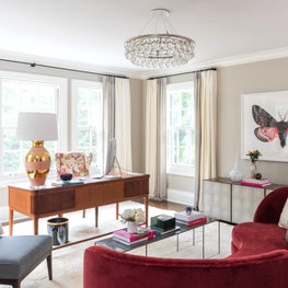 Luxurious Home Office with Berry Velvet Sofa