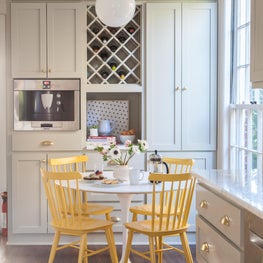 Kitchen - Breakfast Table - Globe Pendant - Pop of Yellow - Wine Cubbies 