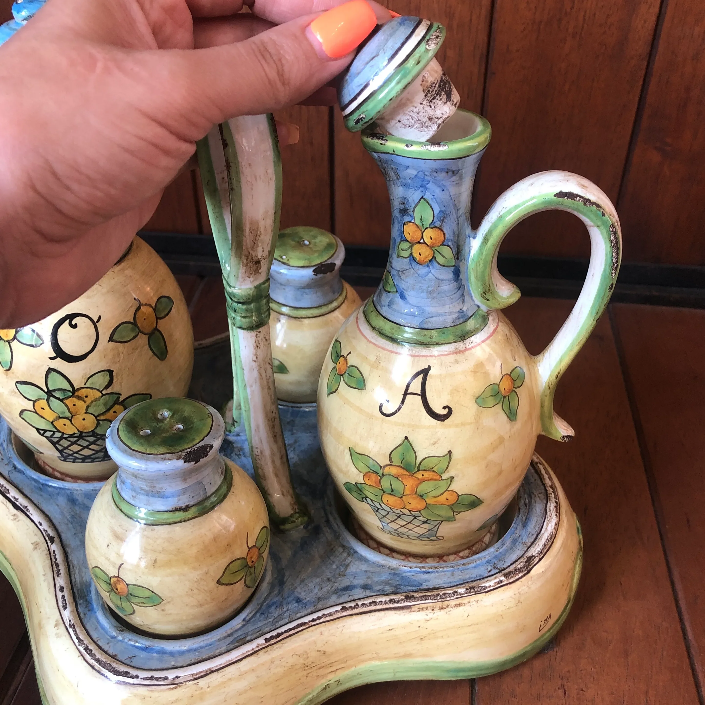 1990s Italian Hand Painted Ceramic Oil, Vinegar, Salt and Pepper Cestino