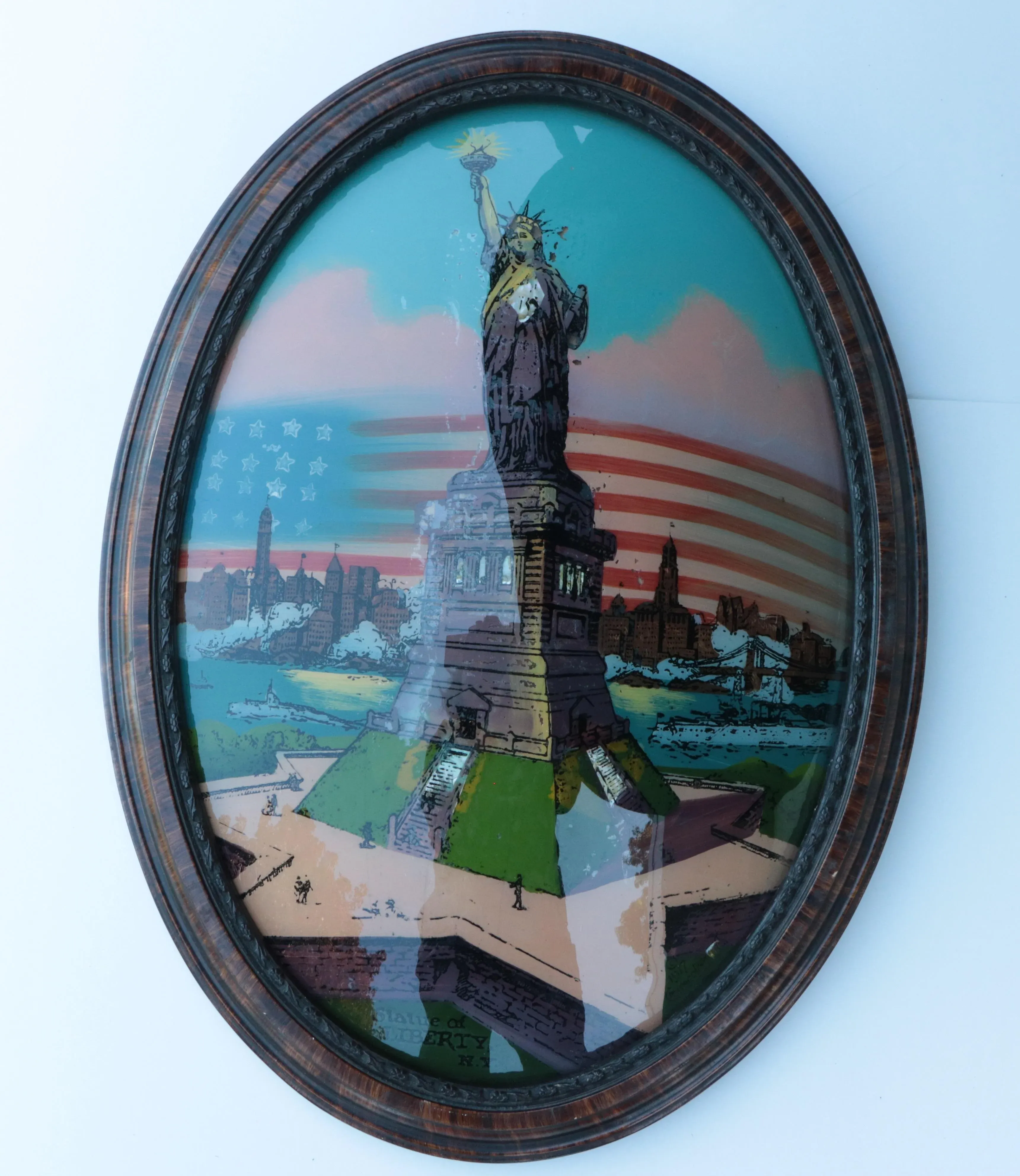 ガラス　オブジェ 1917 Statue of Liberty Reverse Painted Bubble Glass Wall Art