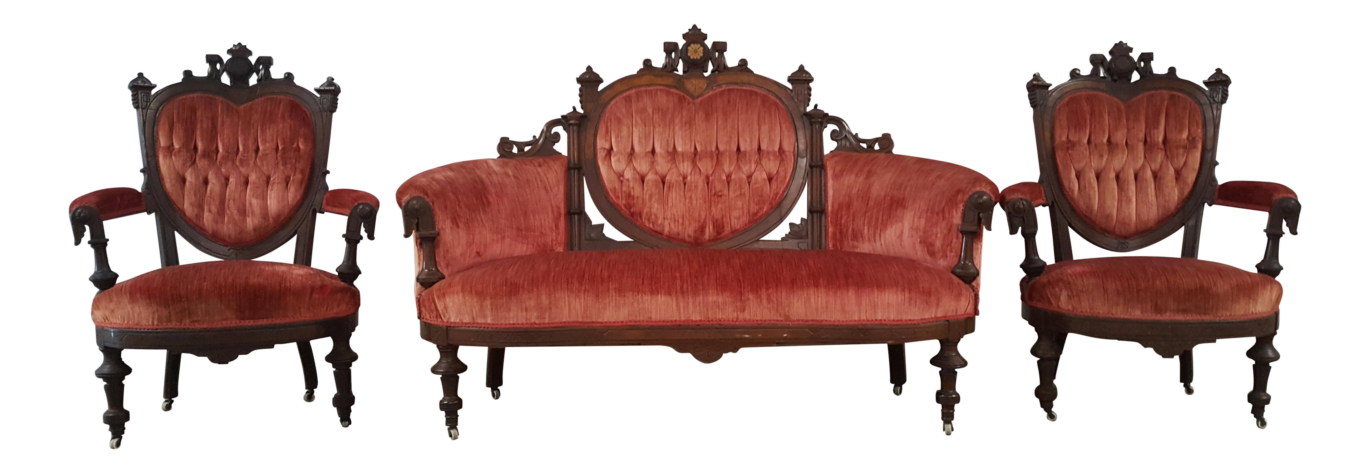 Antique Eastlake HeartBack Red Velvet Settee & Chairs Set of 3 Chairish