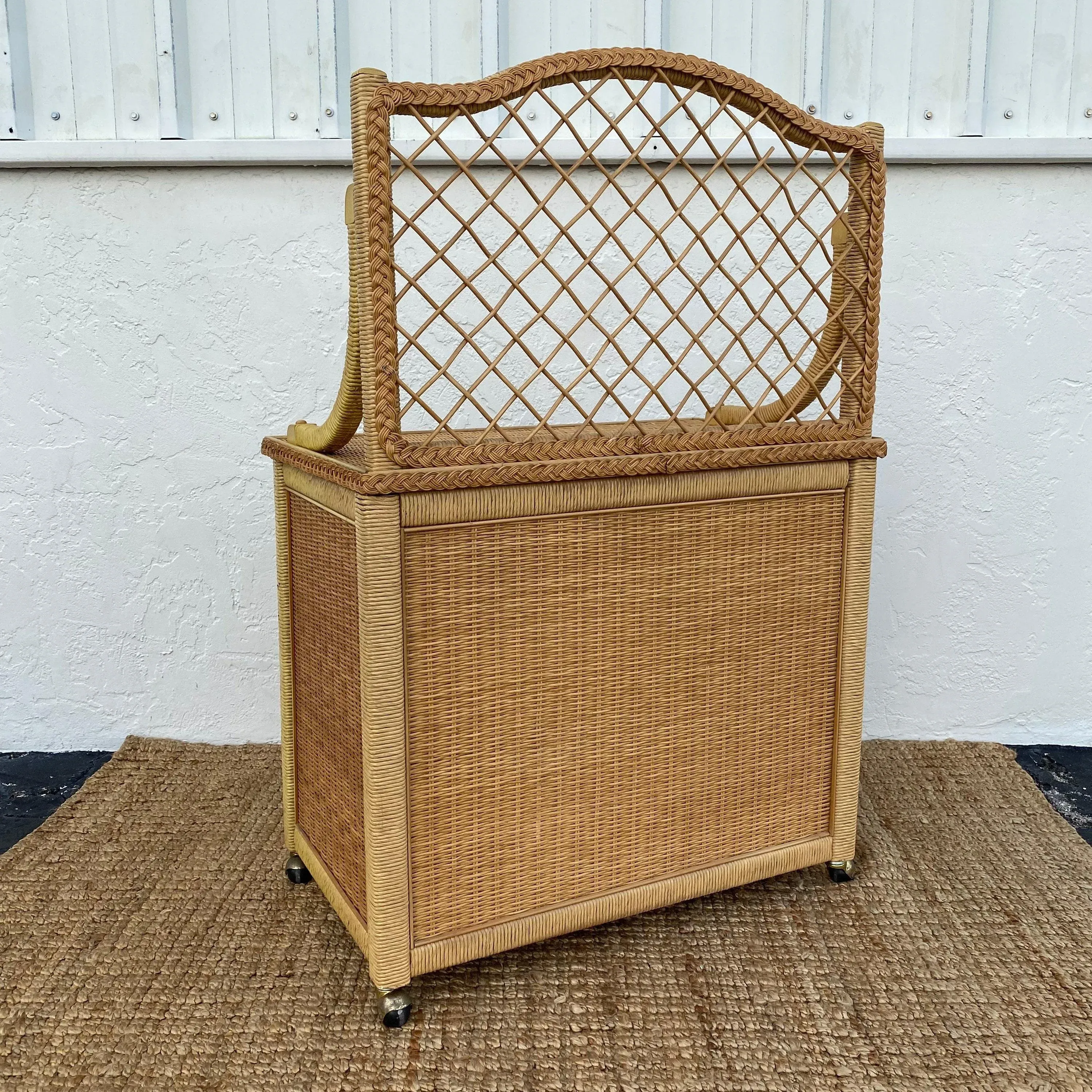 Vintage Henry Link Wicker Server Cabinet with Woven Rattan & Casters