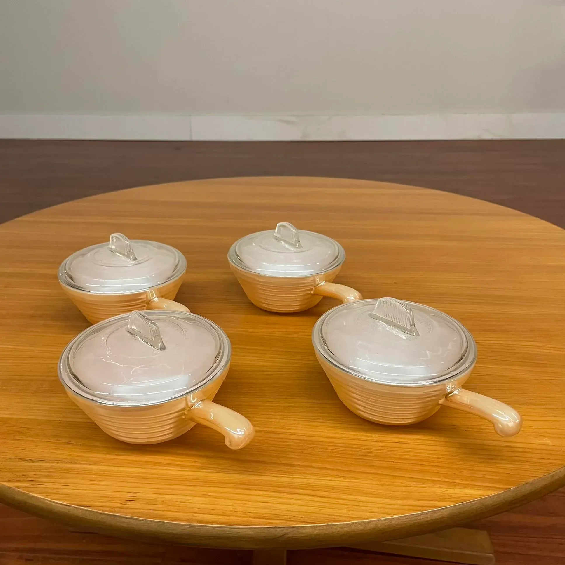 Set of 4 Vintage Fire-King Peach Luster Oven-Safe Bowls With Lids