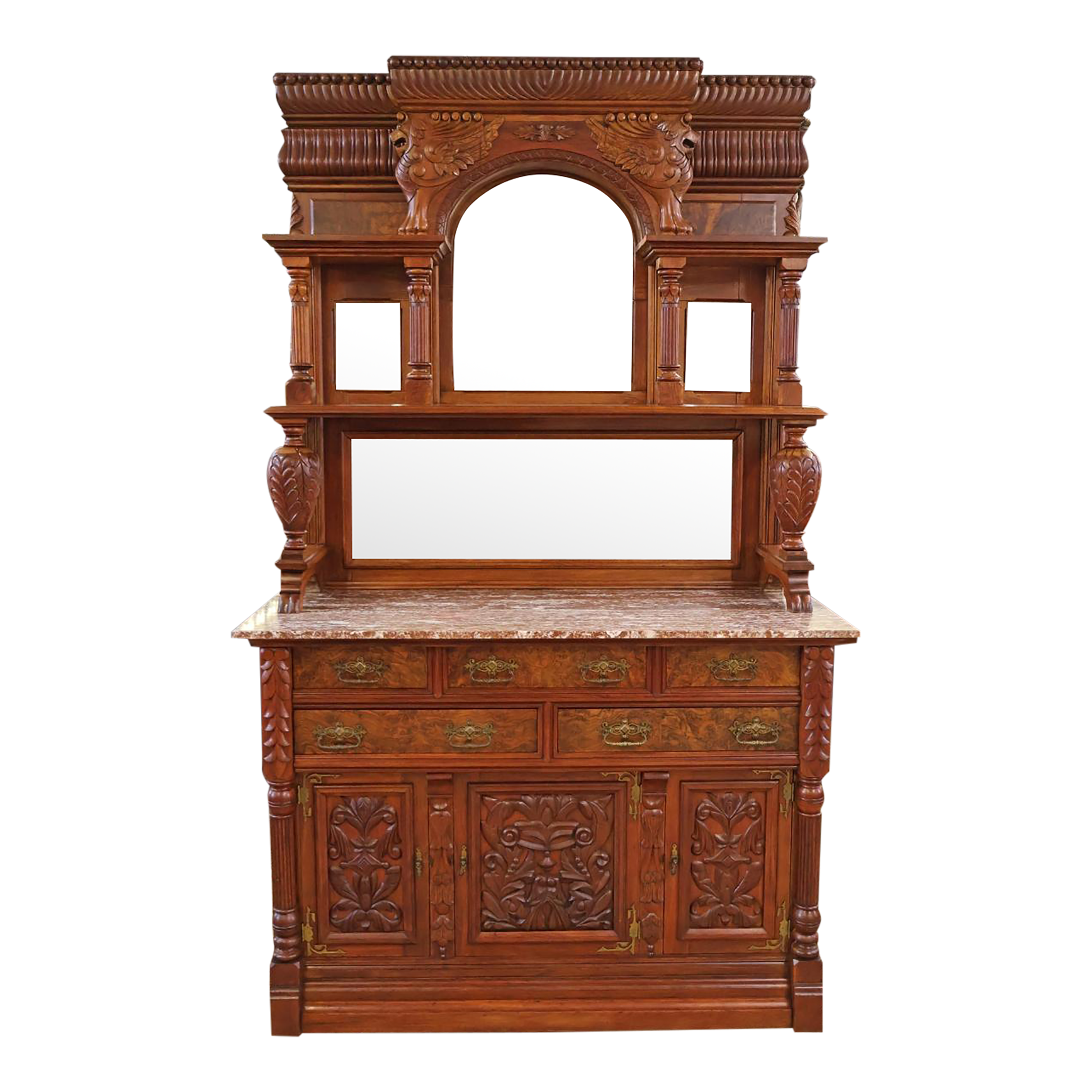 19th Century Griffin Eastlake Burl Walnut Marble Top Buffet Sideboard