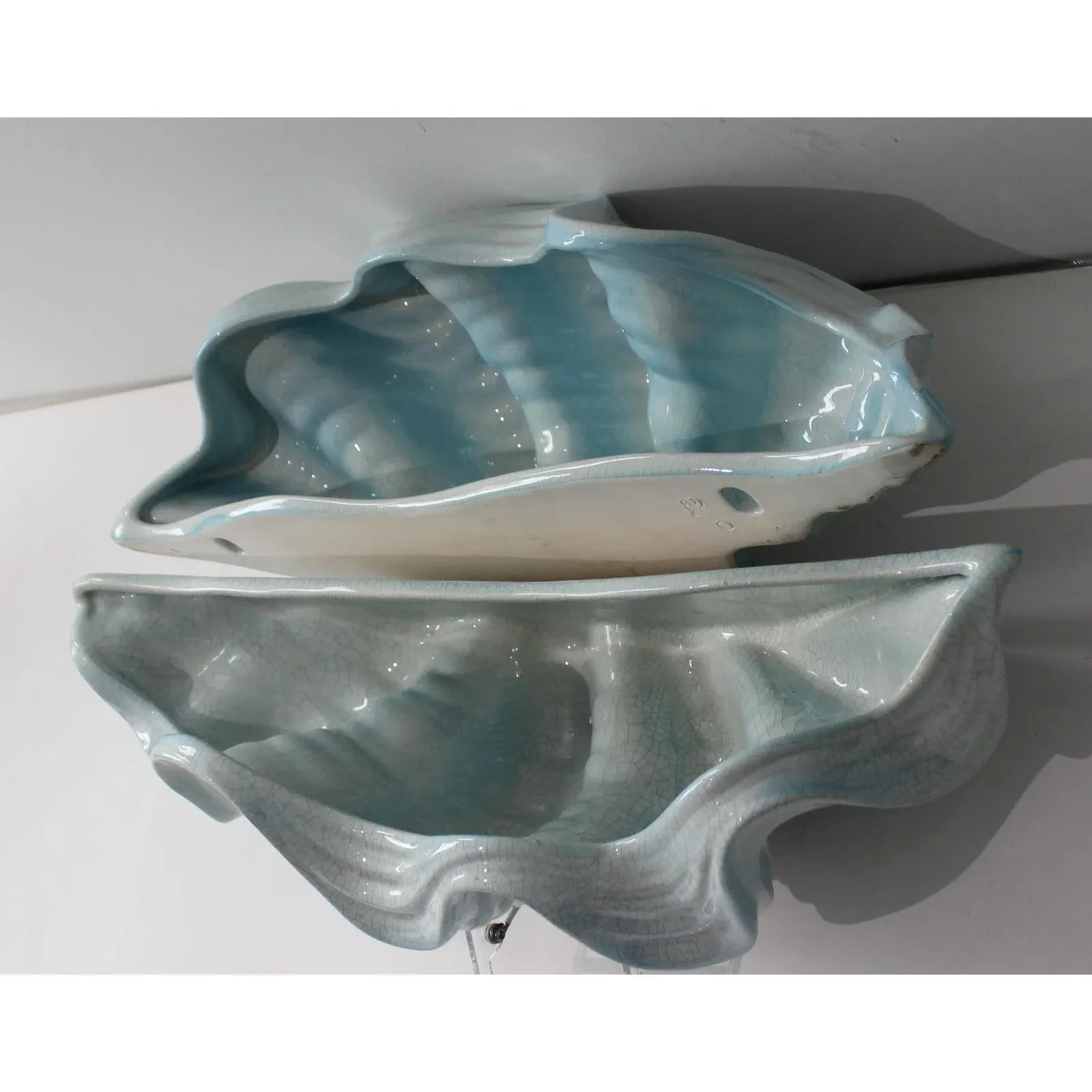 Clam Shell Form Ceramic Wall Pockets - a Pair