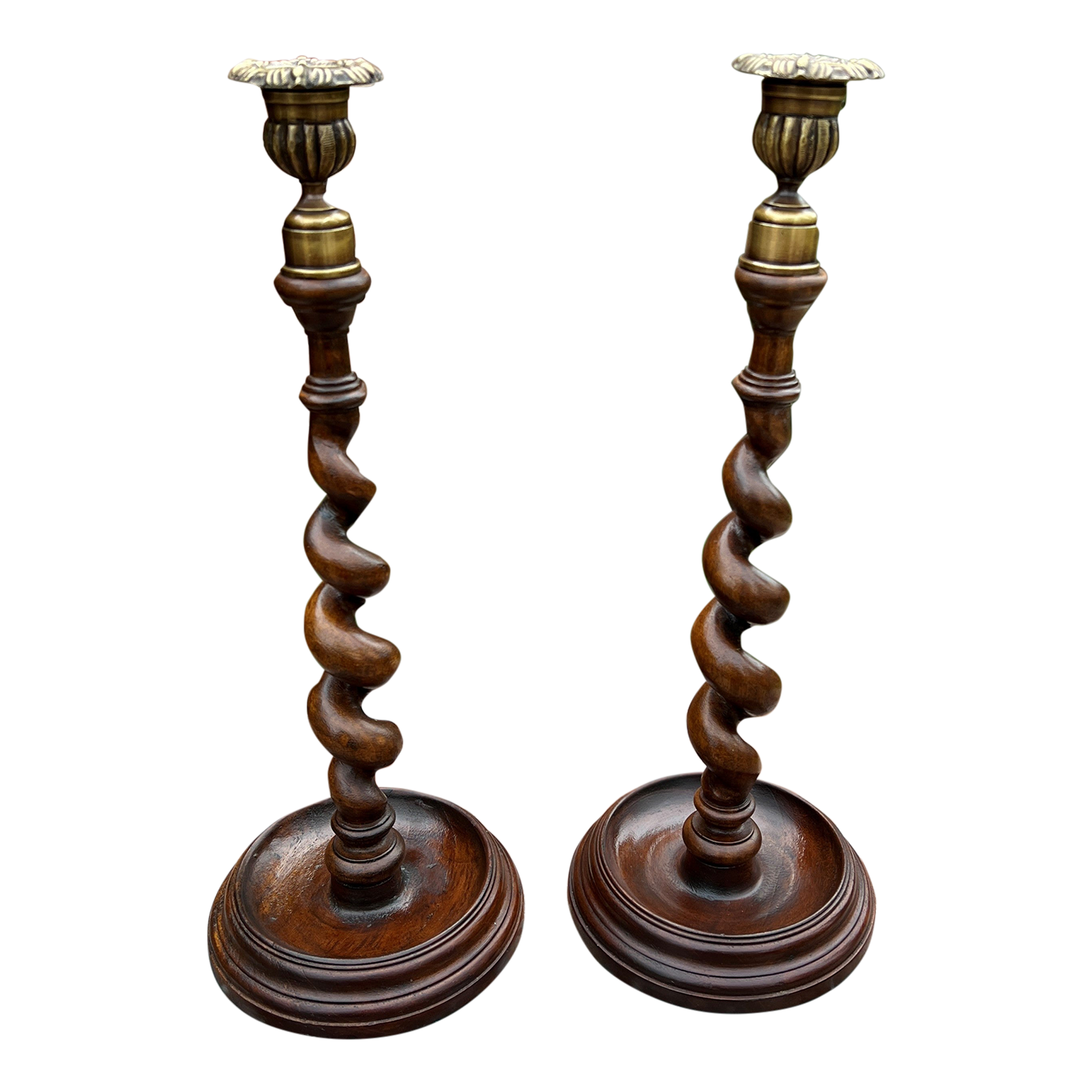 Antique English Barley Twist Candlesticks Candle Holders Oak Pair 14