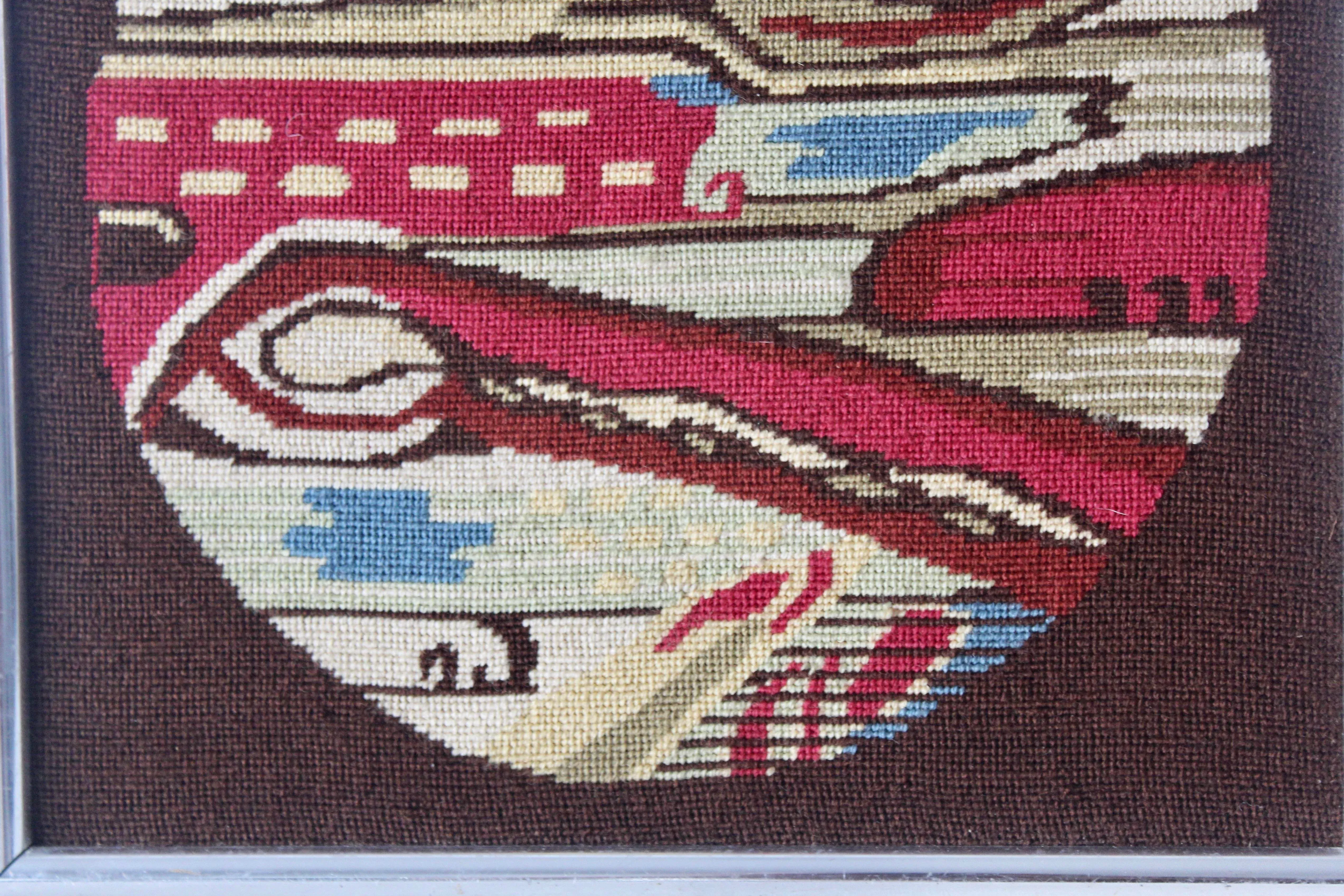 Vintage 1970s Abstract Vibrant Needlepoint Wall Art Metal Chrome