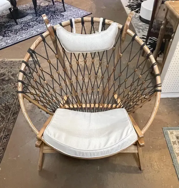 Late 20th Century Modern Round \'Snowshoe\' Wood & Woven Rope Lounge Chair