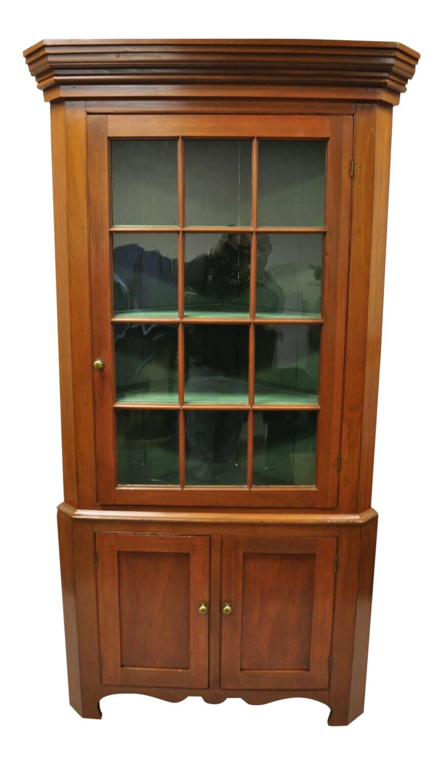 American Primitive Colonial Cherry Wood Wavy Glass Corner Cupboard