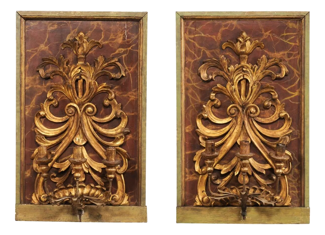19th Century Fragment Mounted 3-Light Sconces - a Pair