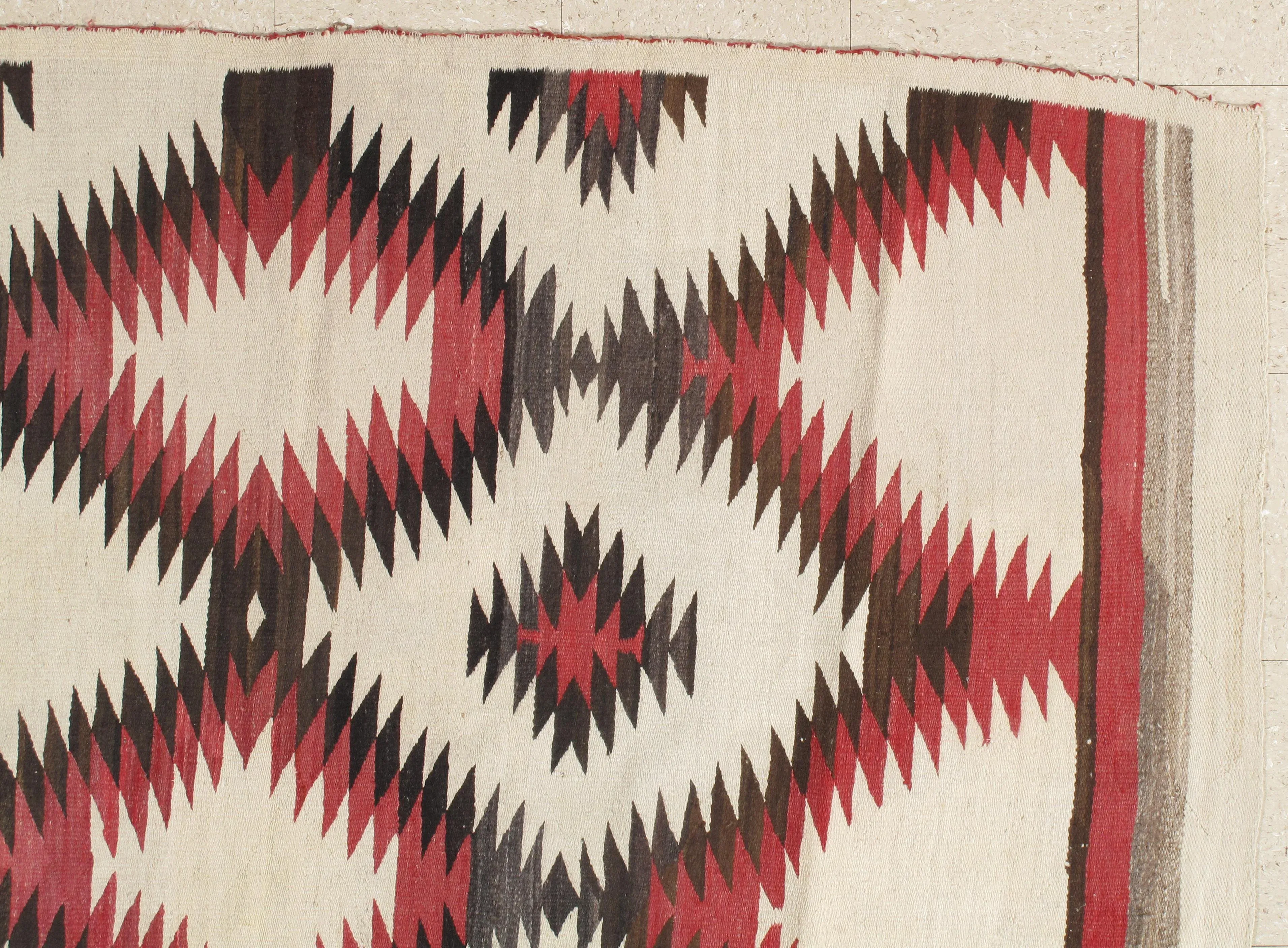 Early 20th Century Style of Native American Antique Navajo Carpet Folk Rug Handmade Wool Red Black Ivory Brown
