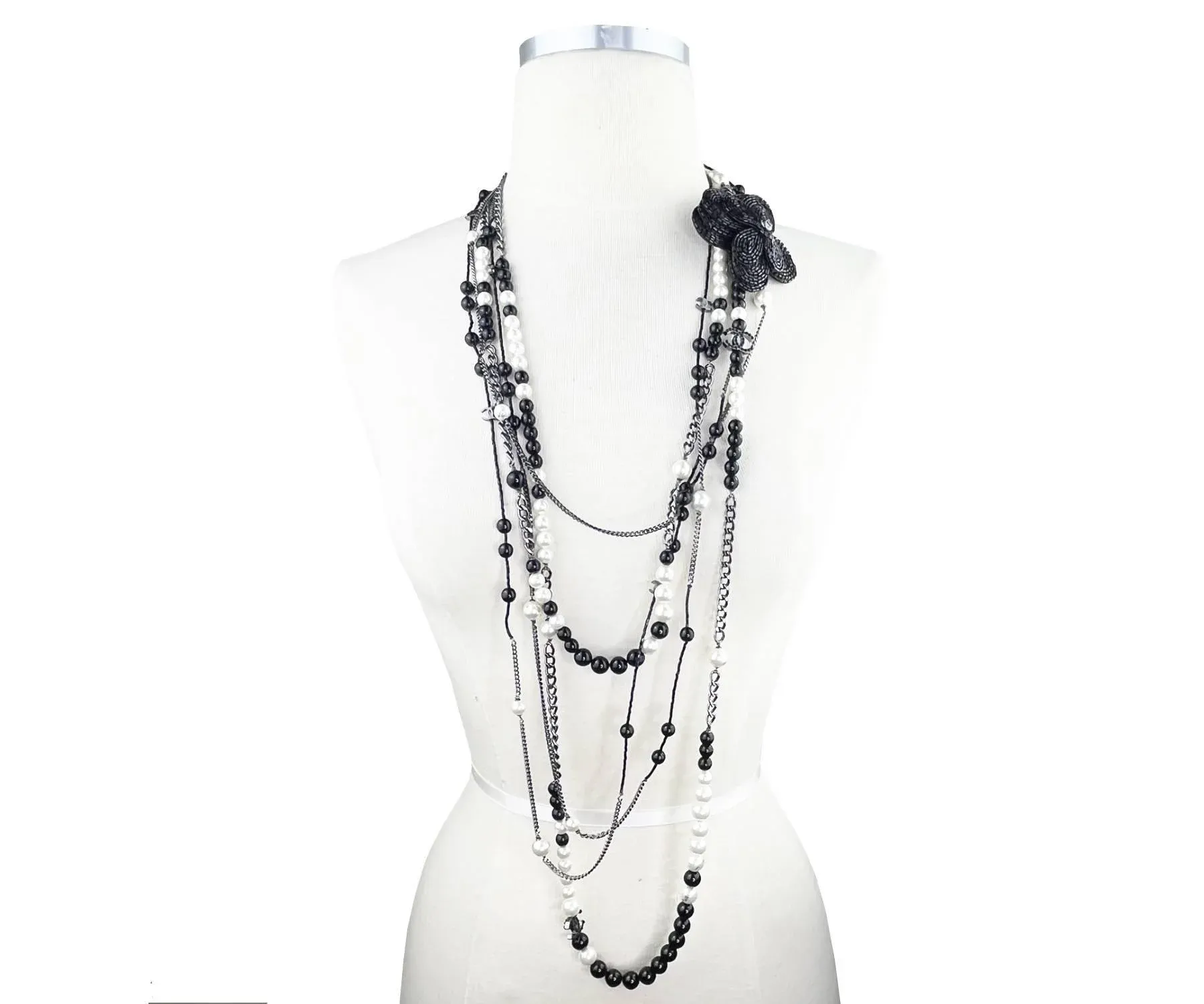 Chanel Black CC Beaded Flower Pin Black Bead Pearl 5 Strand Necklace