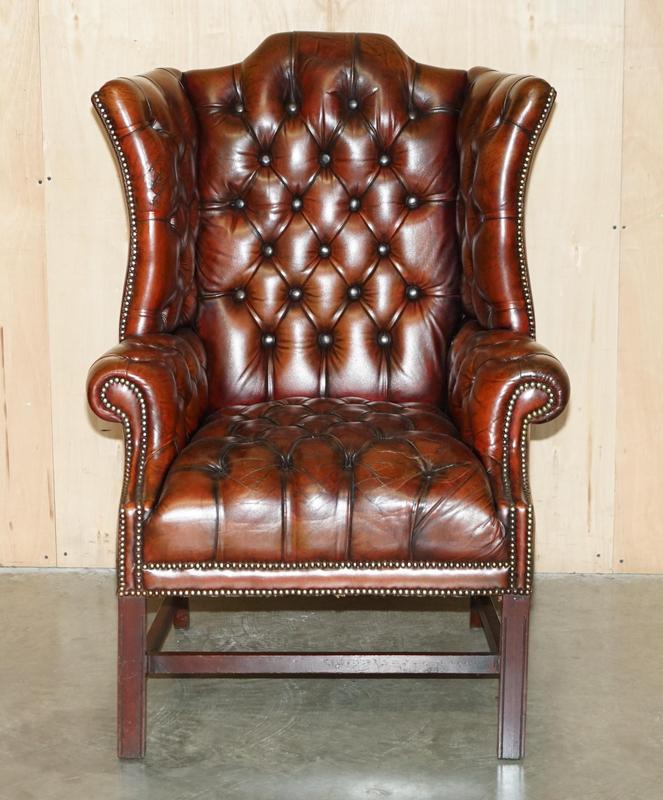 Antique Bordeaux Leather Tufted Chesterfield Wingback Armchair