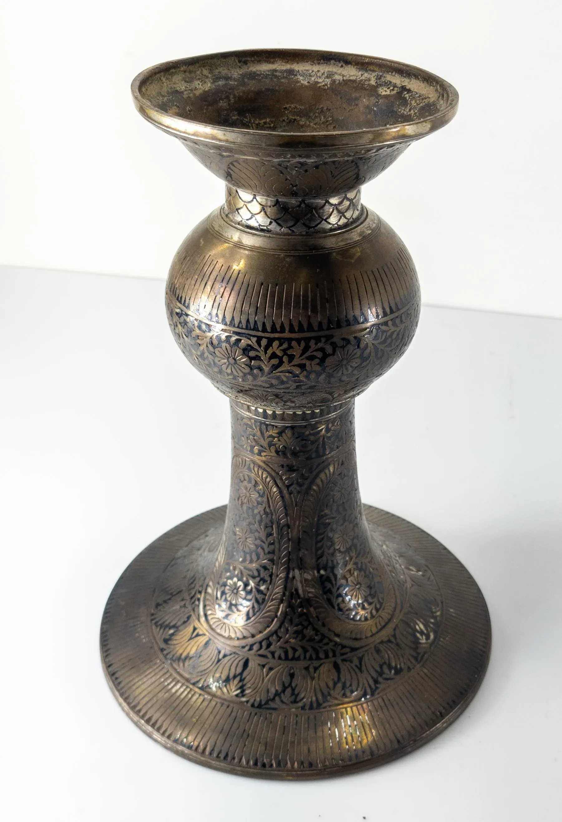 19th Century Indian Bidri Ware Champleve Silvered Bronze and Black Enamel Vase