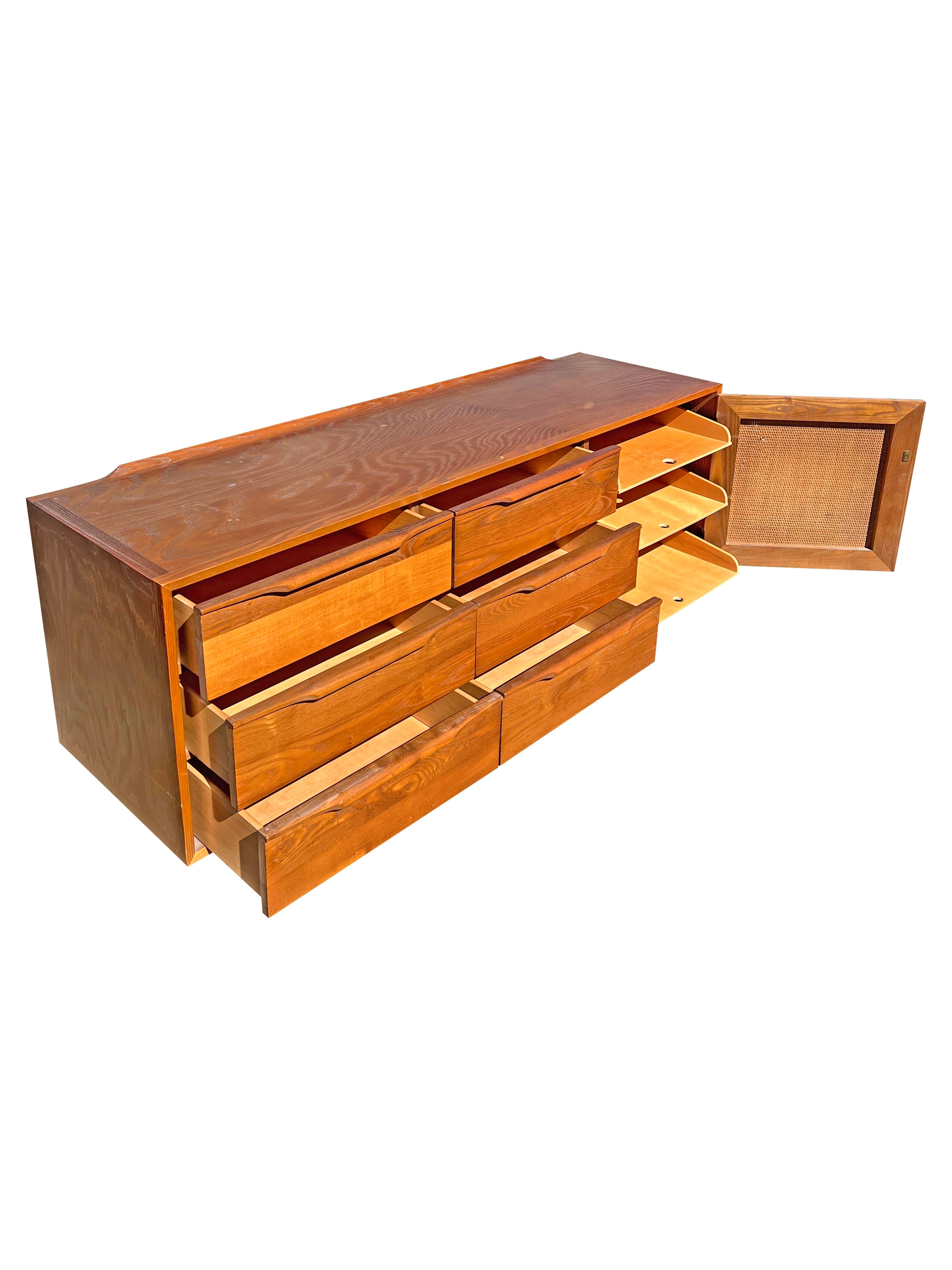 Vintage Mid Century Modern Oak and Cane Floating Low Long Dresser or  Credenza