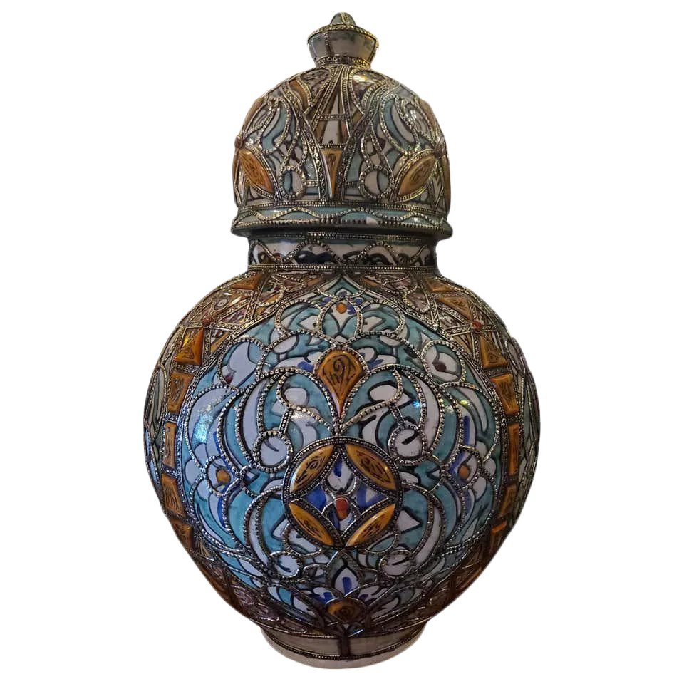 Medium Moroccan Metal Inlaid Vase / Urn Chairish