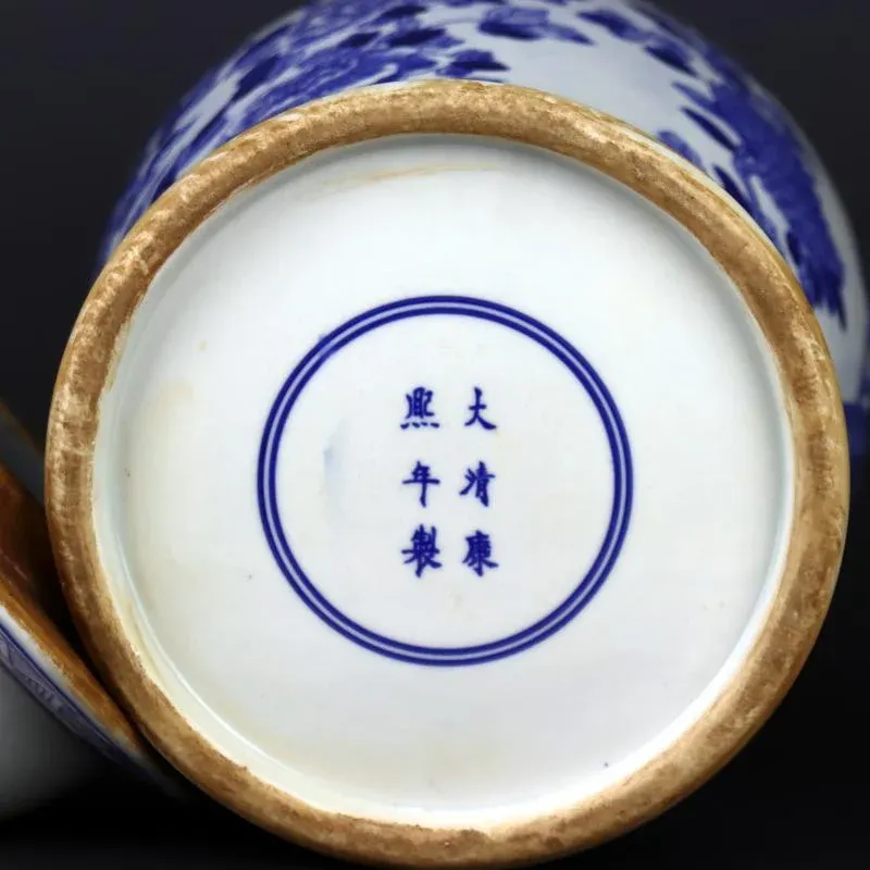 Antique Chinese Ceramic Pot Qing Dynasty Kangxi Marked Blue and White Porcelain Ginger Jar Hand Painted Flowers and Birds Pattern