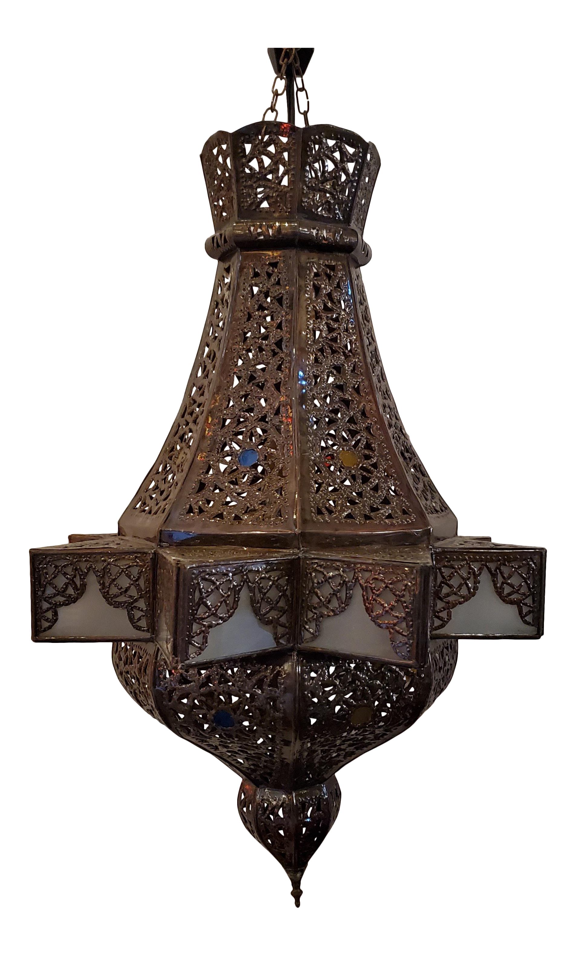 Moroccan Medium Pierced Metal Star Design Copper Finish Multicolor Glass Lantern Chairish