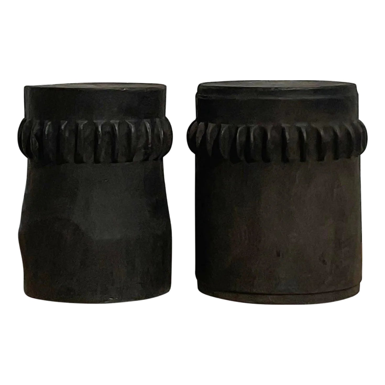 Vintage Boho Ebony Paddle Stump Low Stools - A Pair