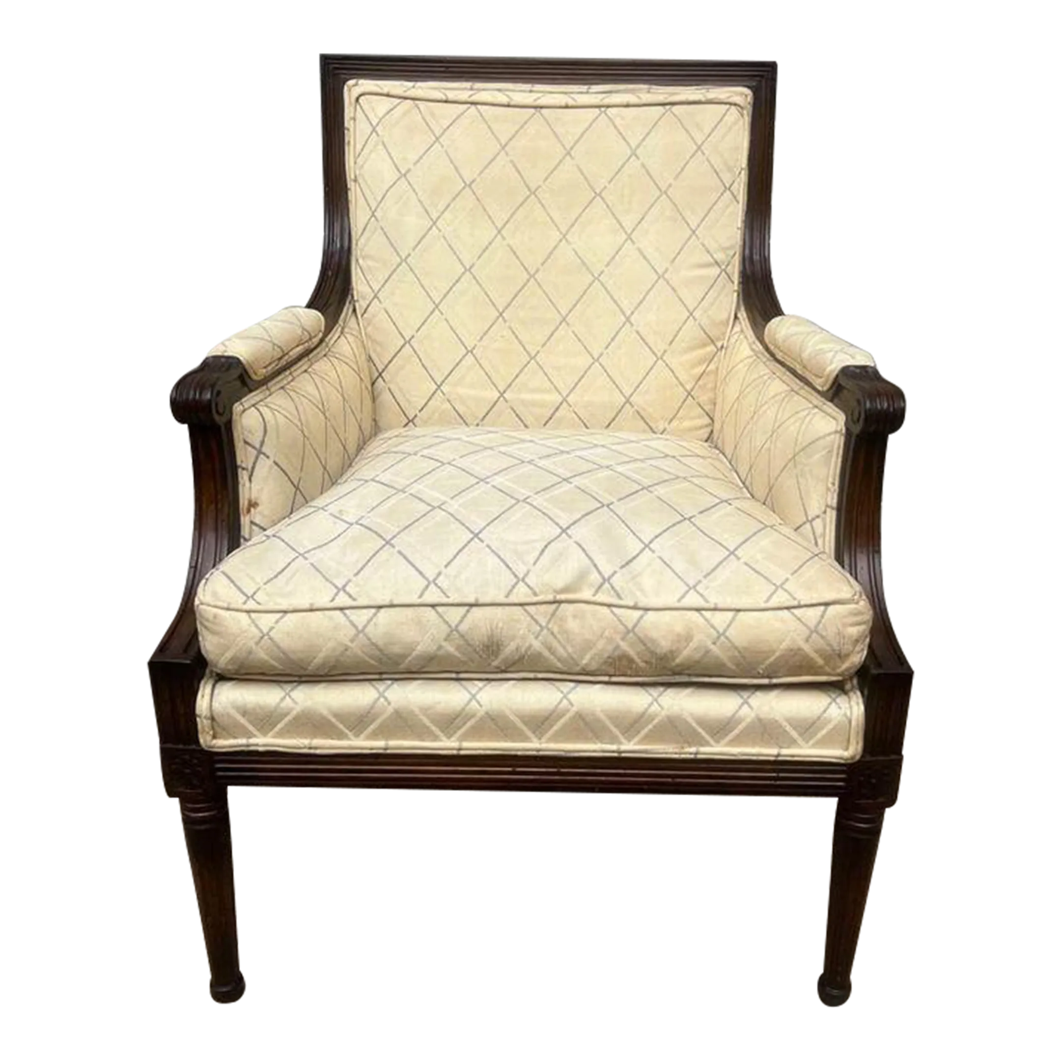 Early 20th Century Antique French Louis XVI Style Walnut Upholstered Living Room Chair/ Bergere