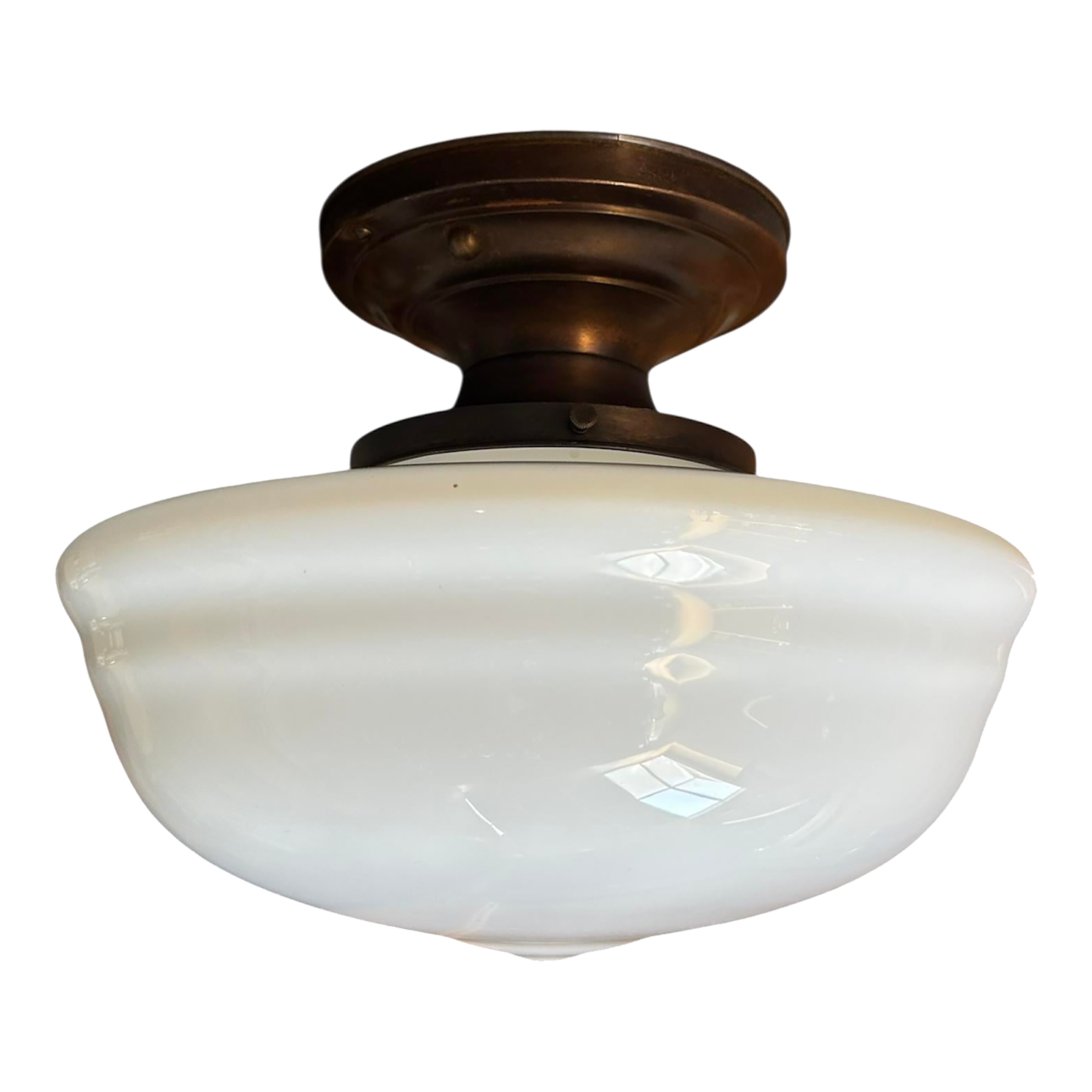 1920\'s Large White Cased Glass Globe on Brass Flush Mount Holder