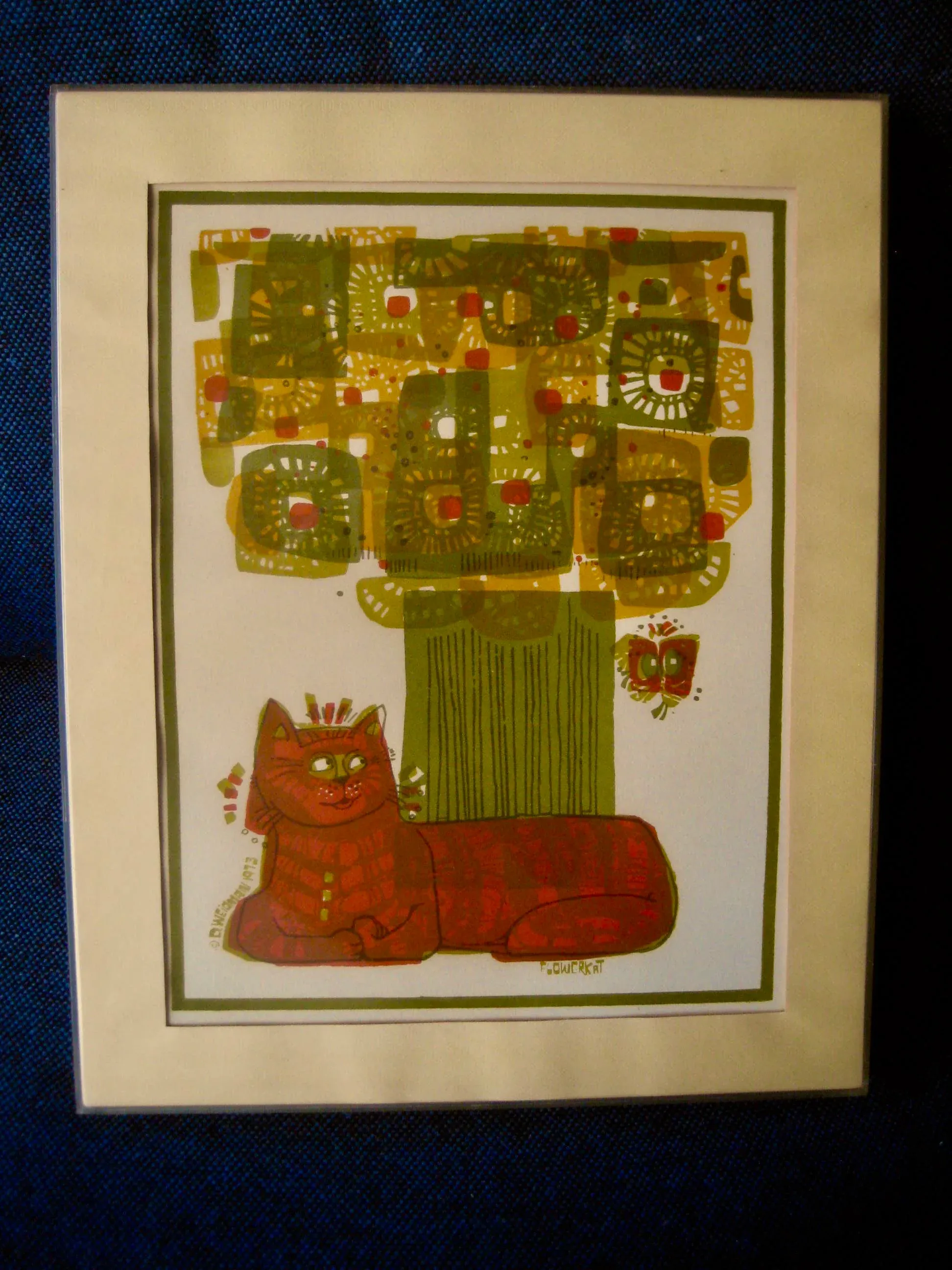 1973 David Weidman Mid-Century Modern Flower Cat Print