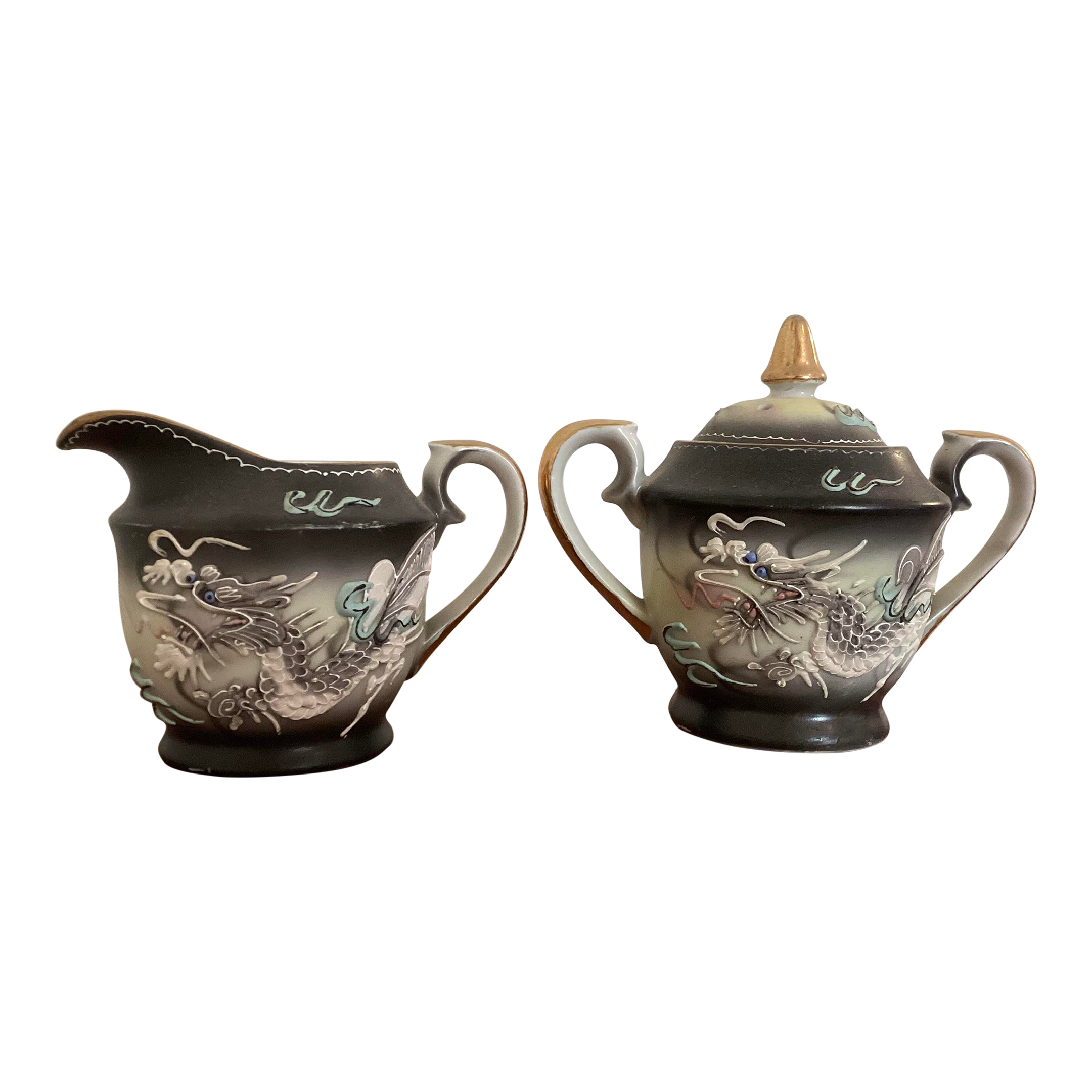 Mid 20th Century Japanese Porcelain Black Dragon Ware Moriage Creamer and Sugar Set 2 Pieces