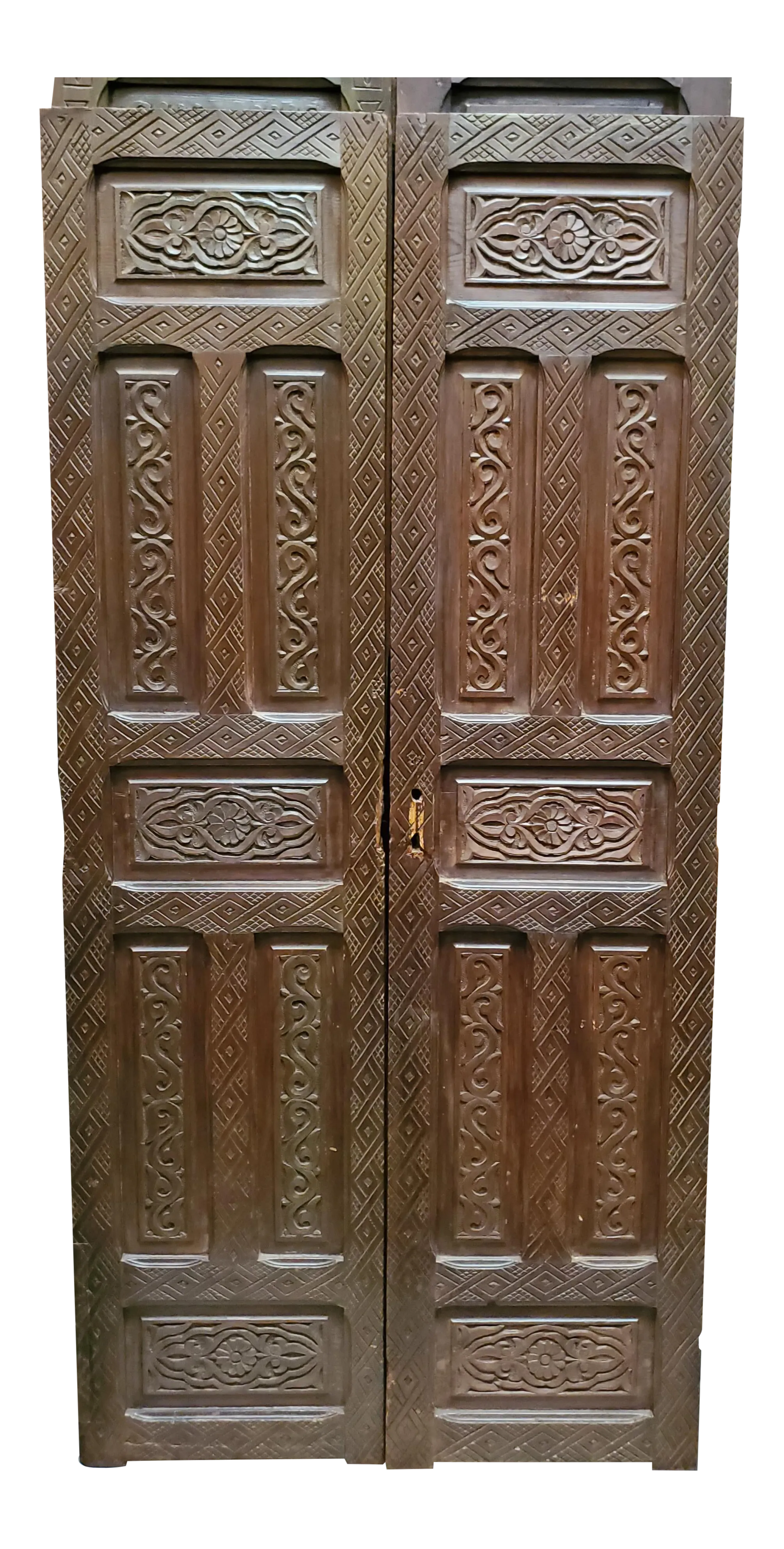 1980s Moroccan Carved Cedar Wood Double Panel Door with Mediterranean  Scroll Motifs