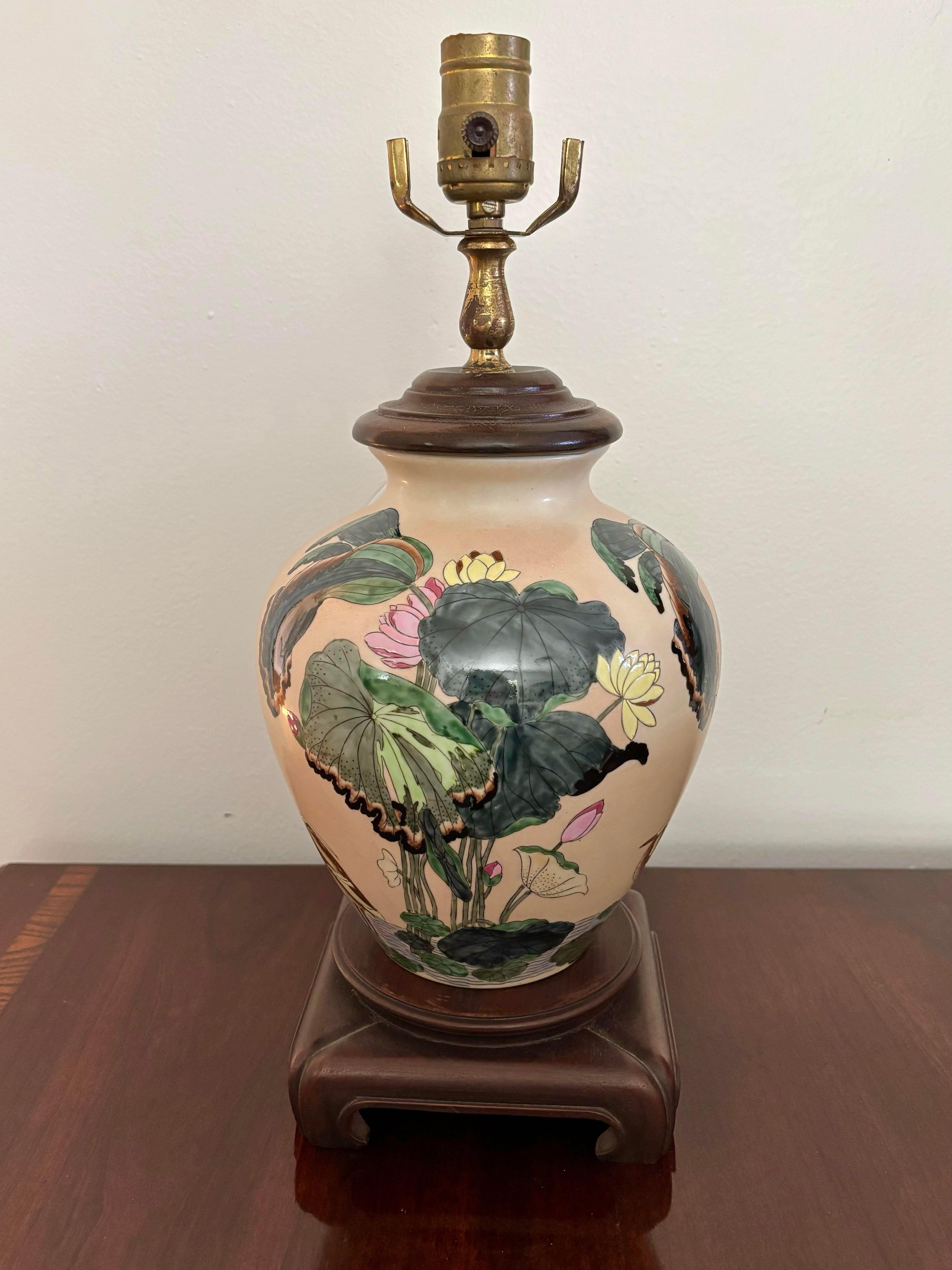 1980s Asian Chinoiserie Pond and Crane Blush Pink Ceramic Table