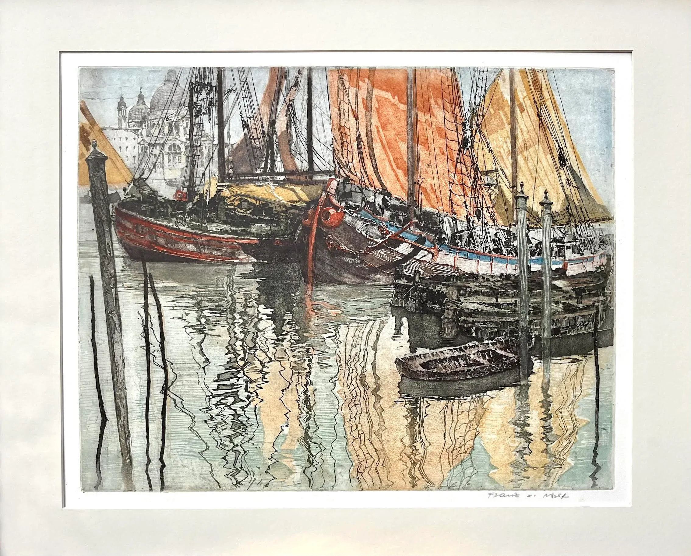 イタリア製 ゴルフ アート ART 2点 蚤の市 ヴィンテージ Italy Vintage Color Etching Venice Italy Gondolas by Franz Xavier