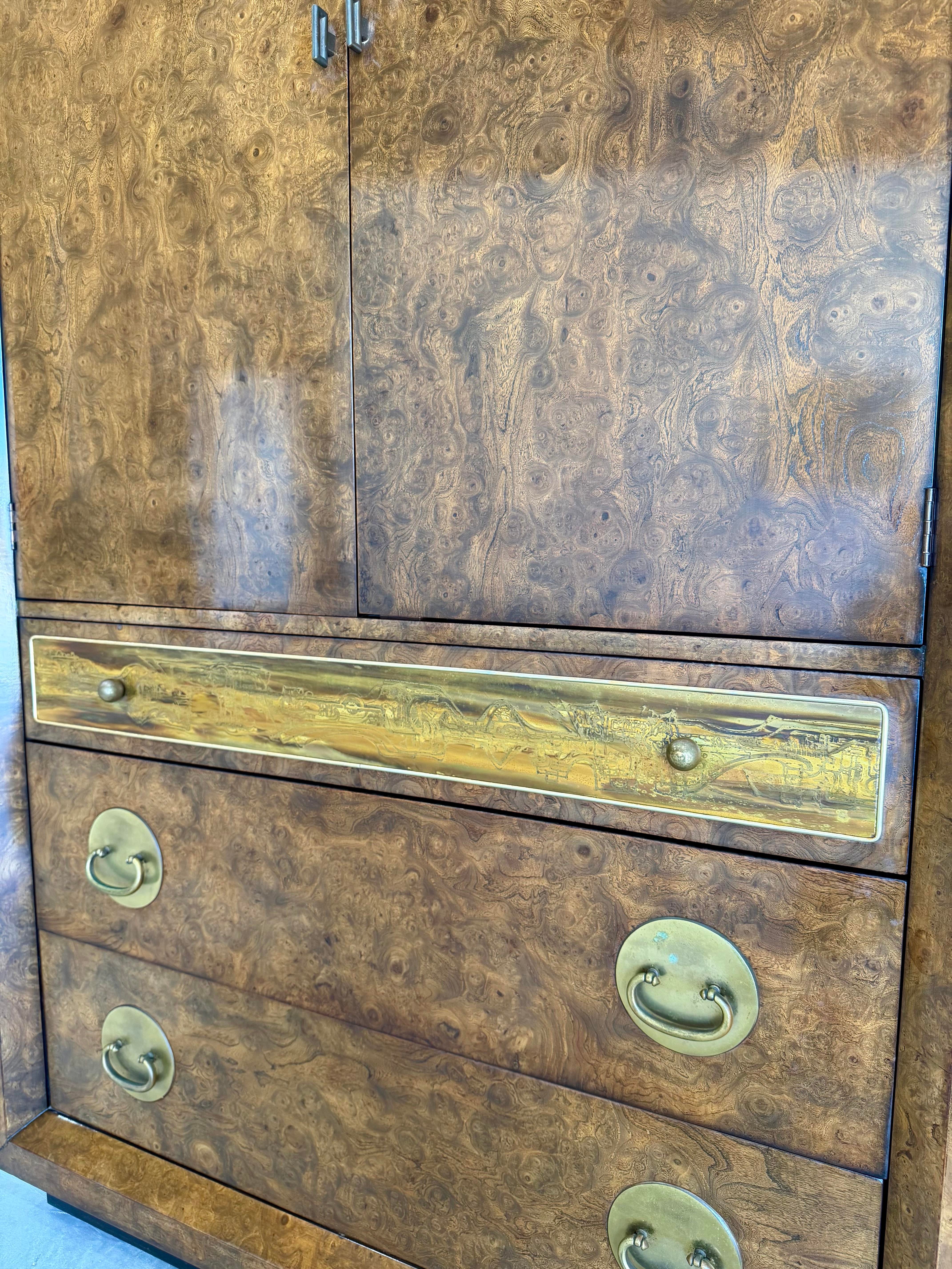 Vintage 1970’s Mastercraft Attributed Burlwood Armoire Cabinet With Etched Brass
