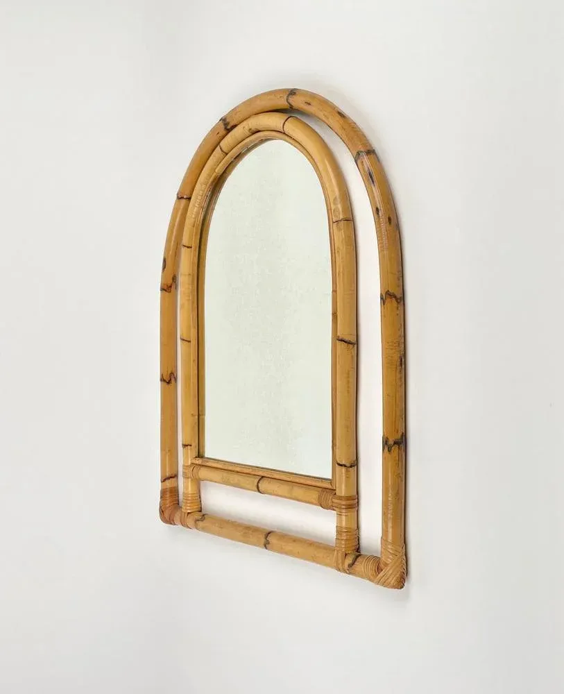 Arched Bamboo and Rattan Wall Mirror, Italy, 1970s