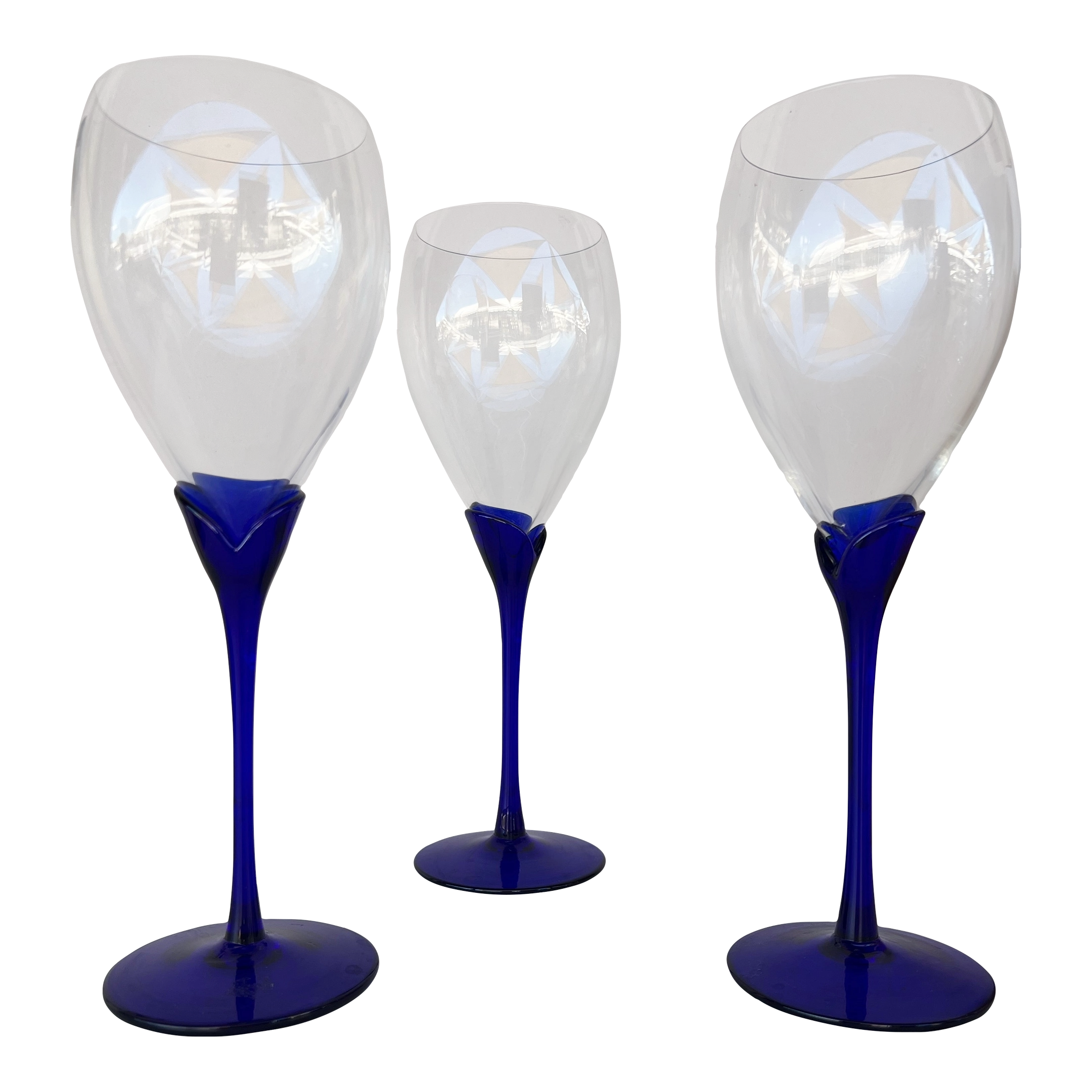 VTG 80\'s Crystal Cobalt Blue Tulip Stem Glasses-Goblets Set of 3