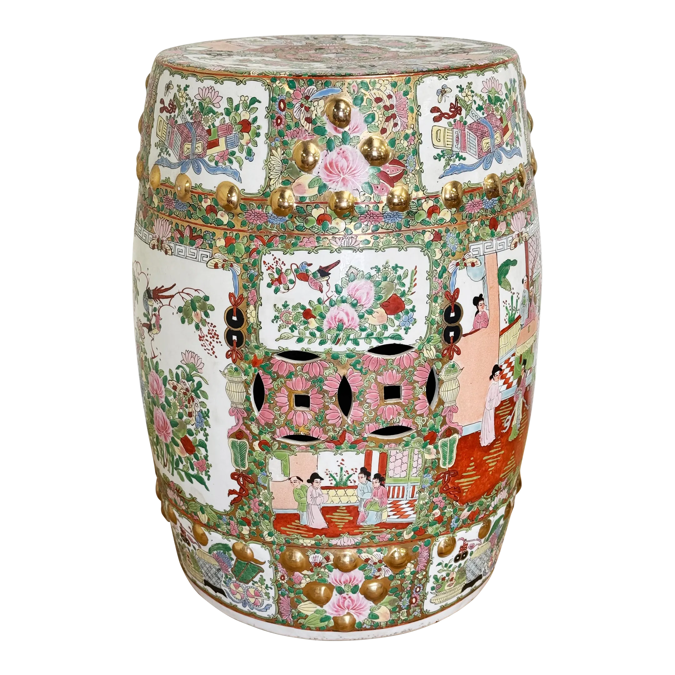 Vintage Chinese Chinoiserie Rose Medallion Garden Stool