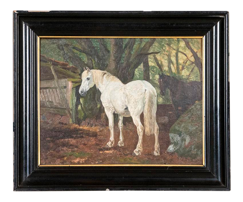 Antique Oil on Board Painting of White and Bay Horses in Turnout