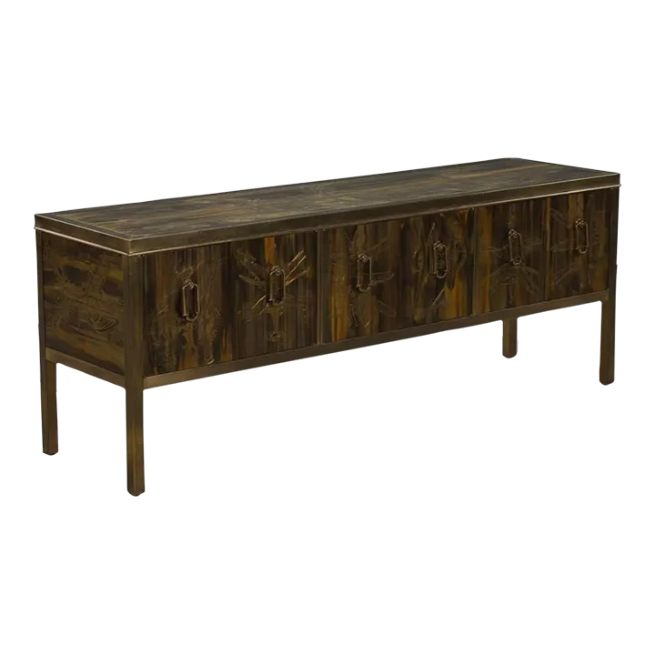1970s Bernhard Rhône Acid Etched Brass Credenza for Mastercraft