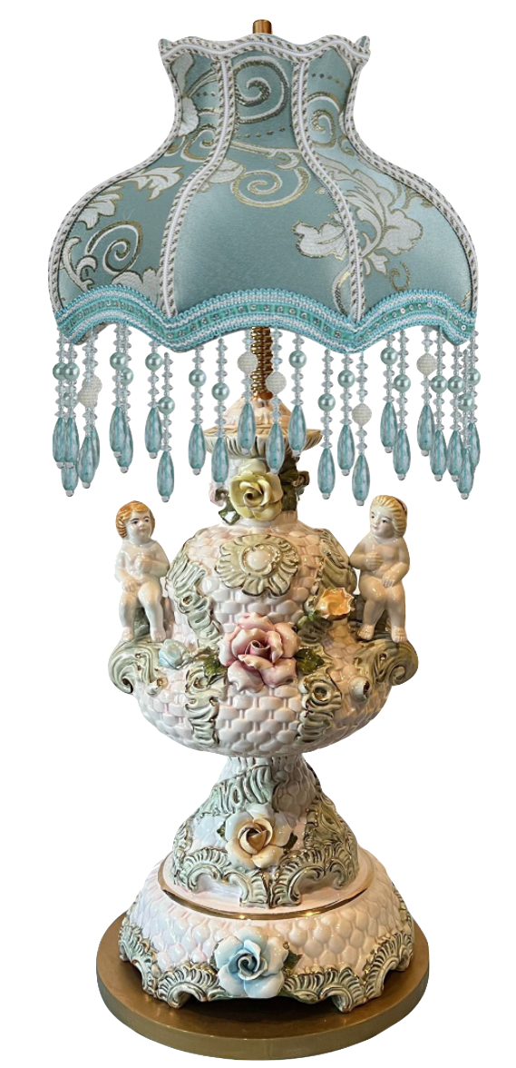 Mid-Century Capodimonte Porcelain Cherub Basketweave Floral Table
